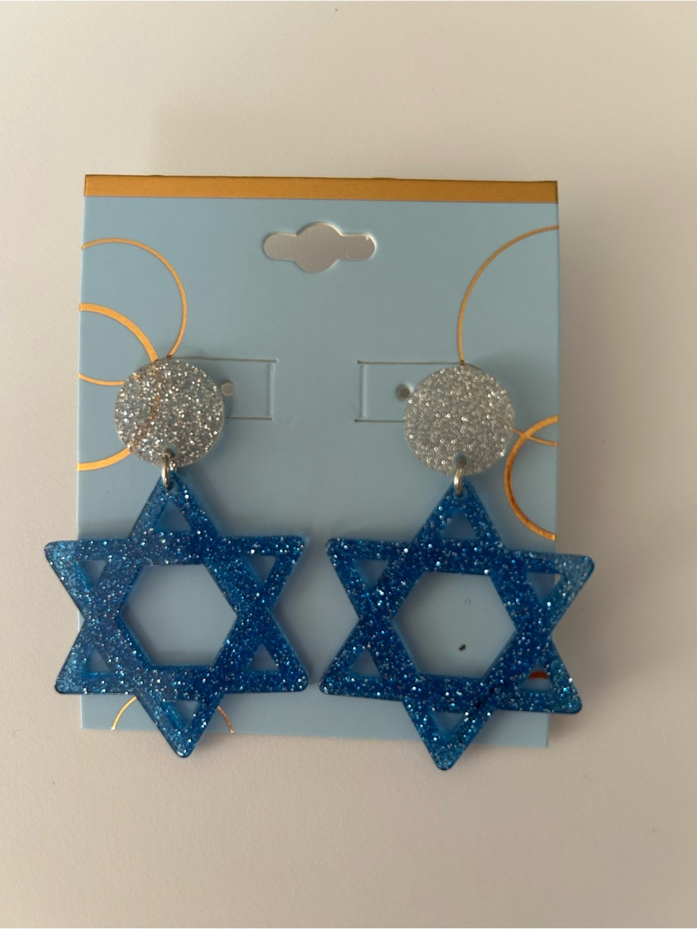 Hanukkah Star of David Dangle Earrings Glitter Blue Silver Post NWT